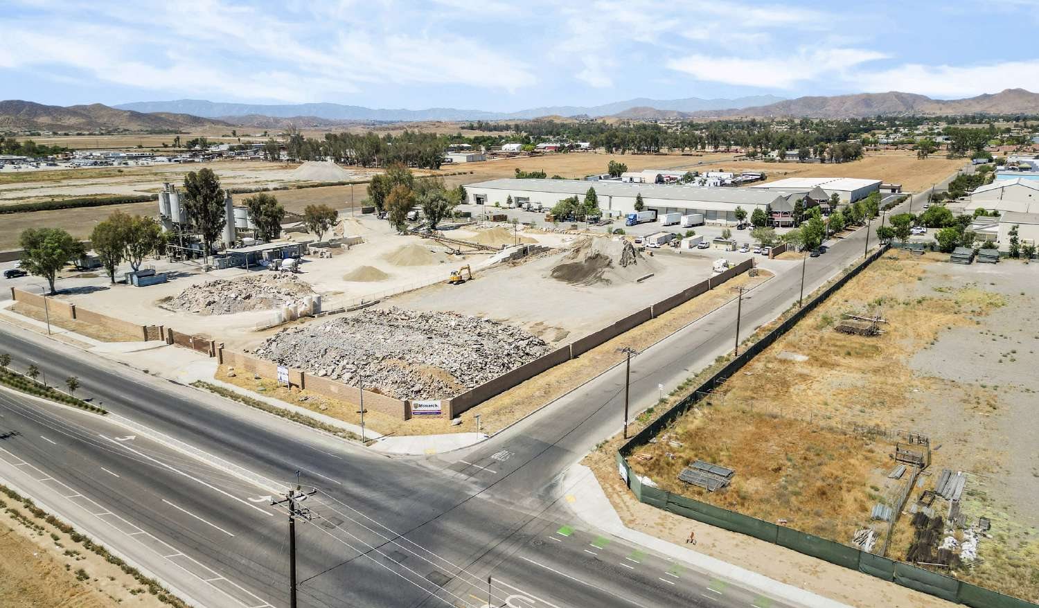 Drone photograph of the walled yard at the corner of Goetz Road and Malbert Street in Perris