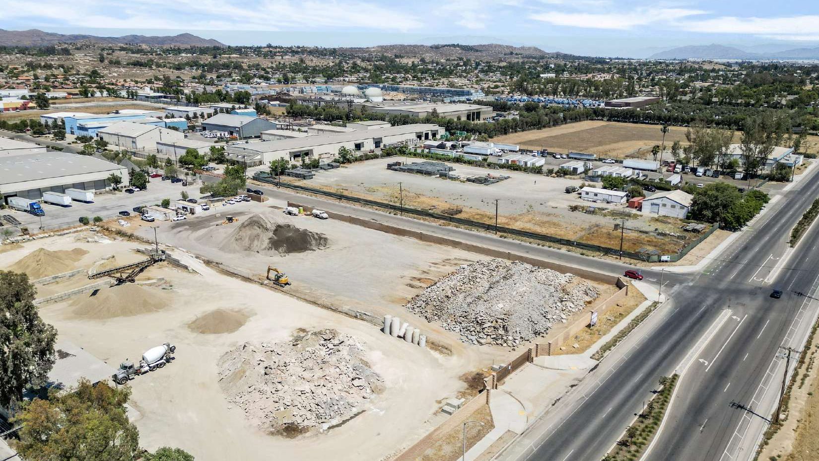 Drone photograph of the yard and the surrounding Perris industrial area